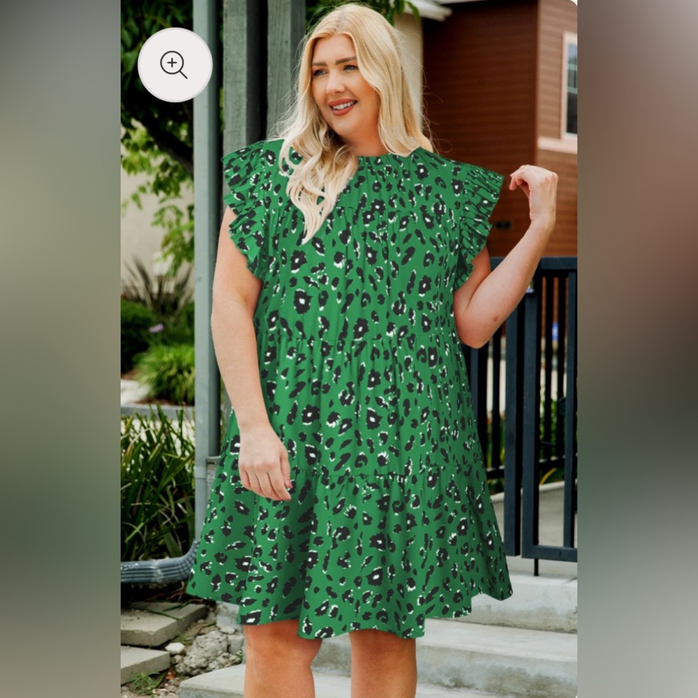 Green Leopard Print Ruffle Dress